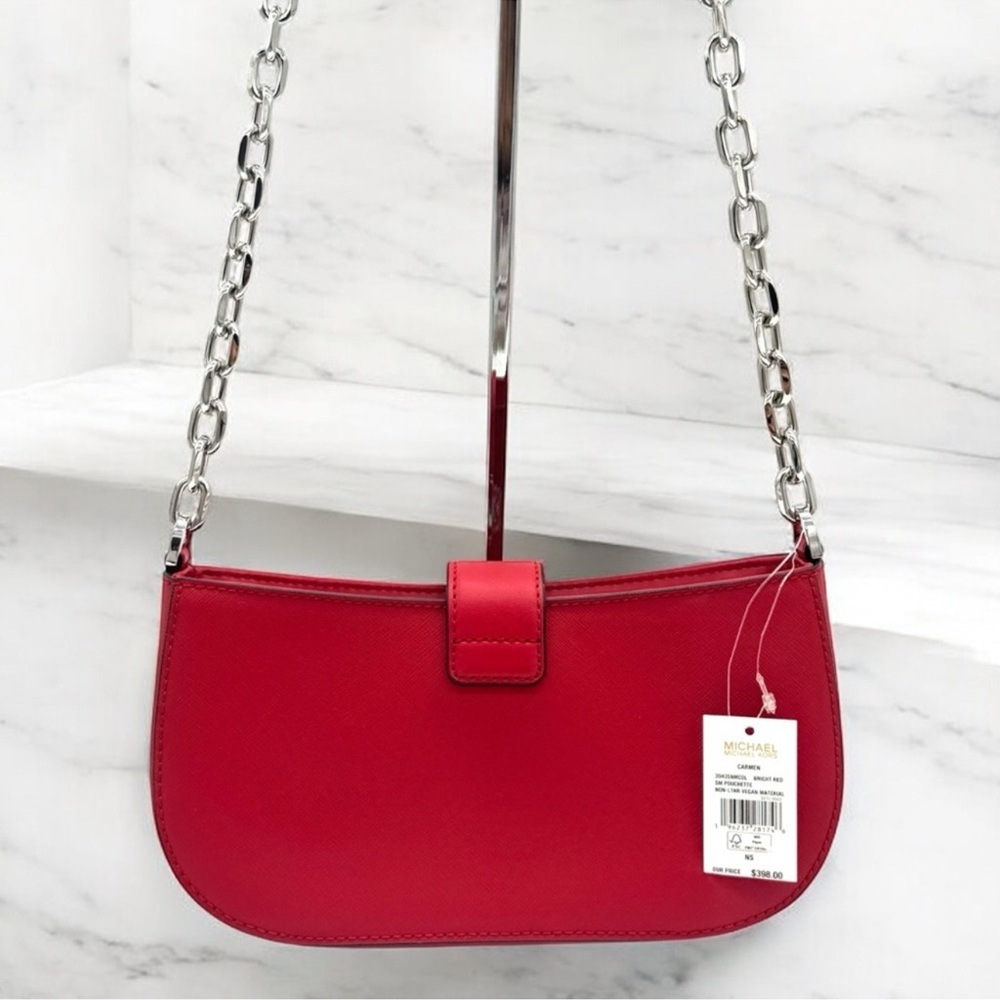 Michael Kors Carmen Small Pouchette Crossbody Bag Red/Silver - Picture 5 of 9